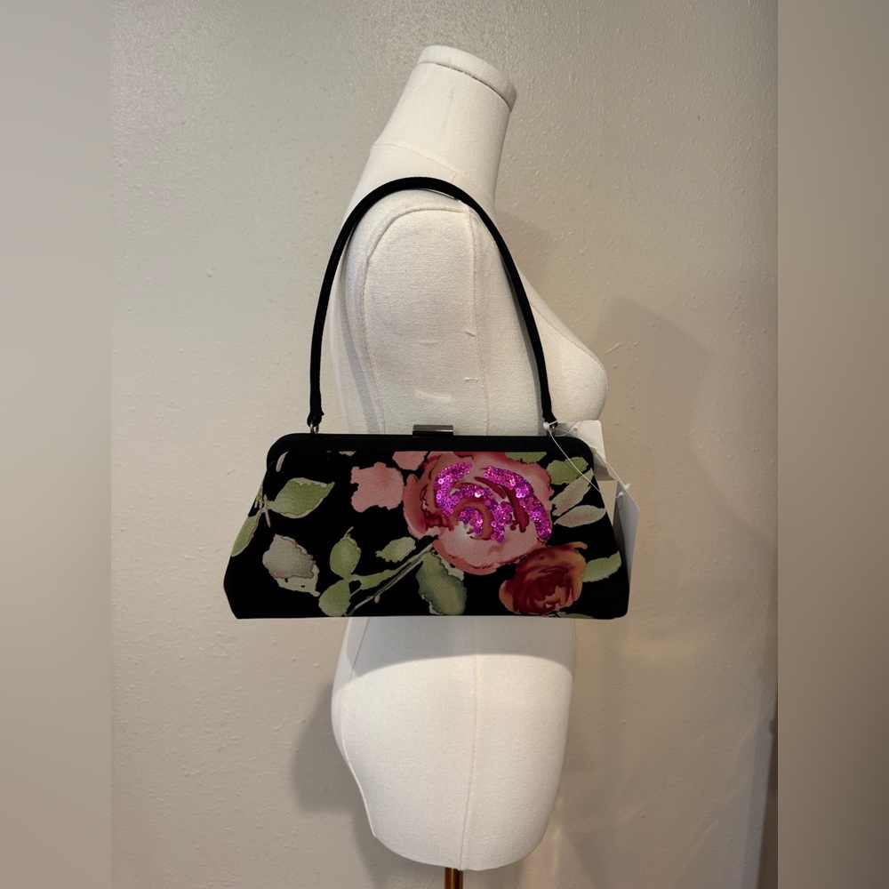 NWT vintage Nicole Miller Black Floral Clutch with Rhinetones